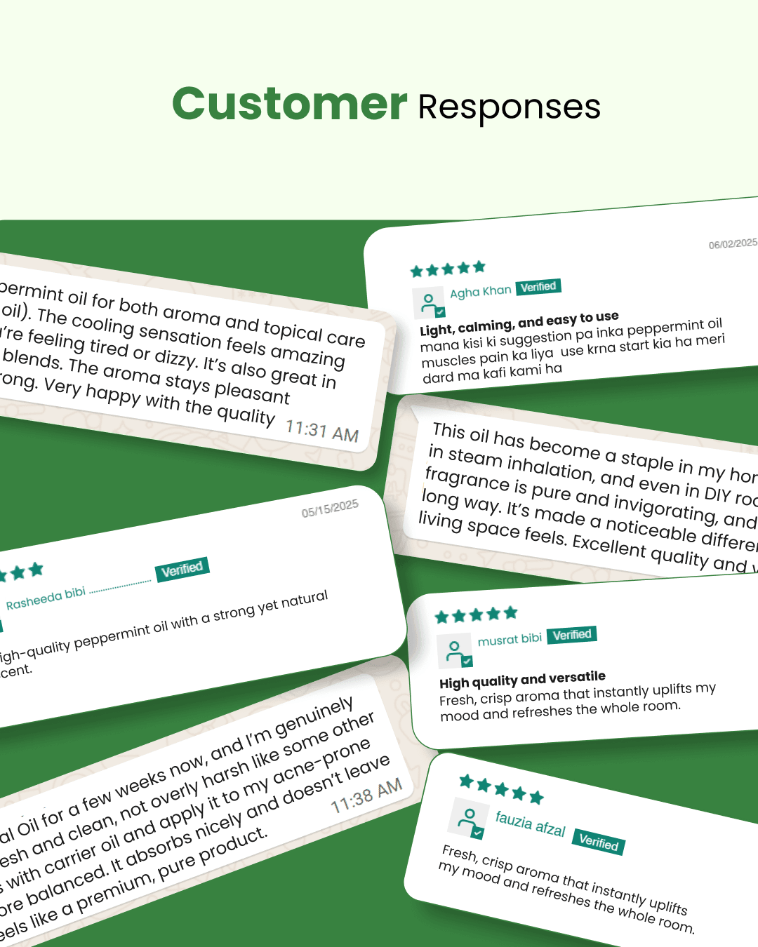 Customer reviews for natural peppermint oil, highlighting calming aroma, quality, and versatile use for wellness