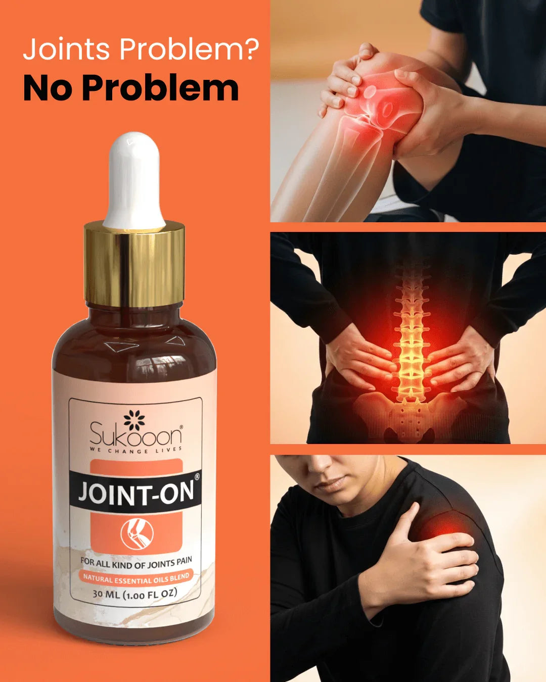 Joint-On natural essential oil blend for joint pain relief, shown with knee, back, and shoulder discomfort visuals