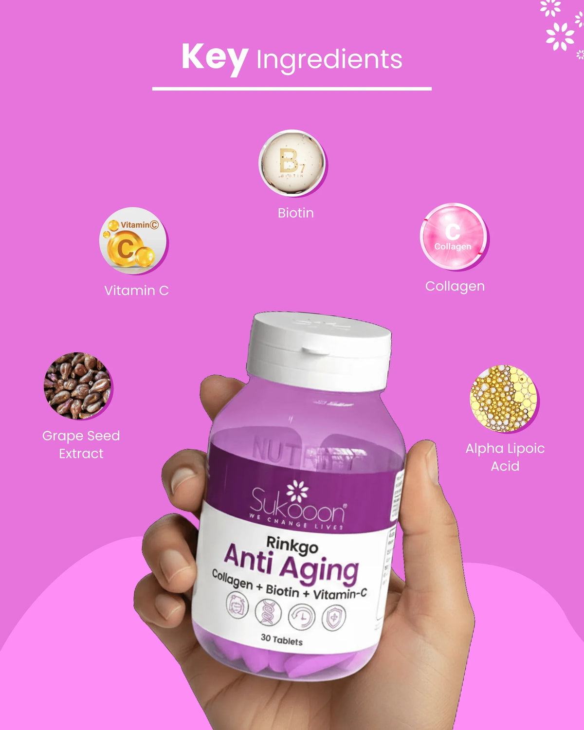 Hand holding Sukooon Rinkgo Anti Aging supplement with collagen, biotin, vitamin C, grape seed extract, and alpha lipoic acid