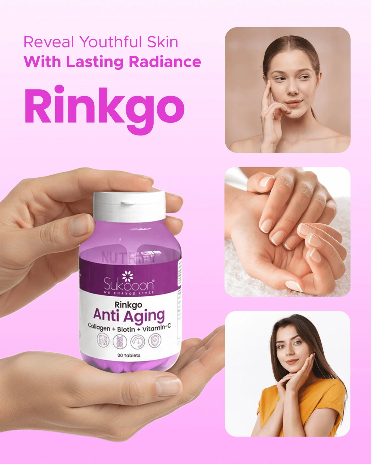 Rinkgo Anti Aging supplement with Collagen, Biotin & Vitamin C for youthful skin radiance and healthy nails