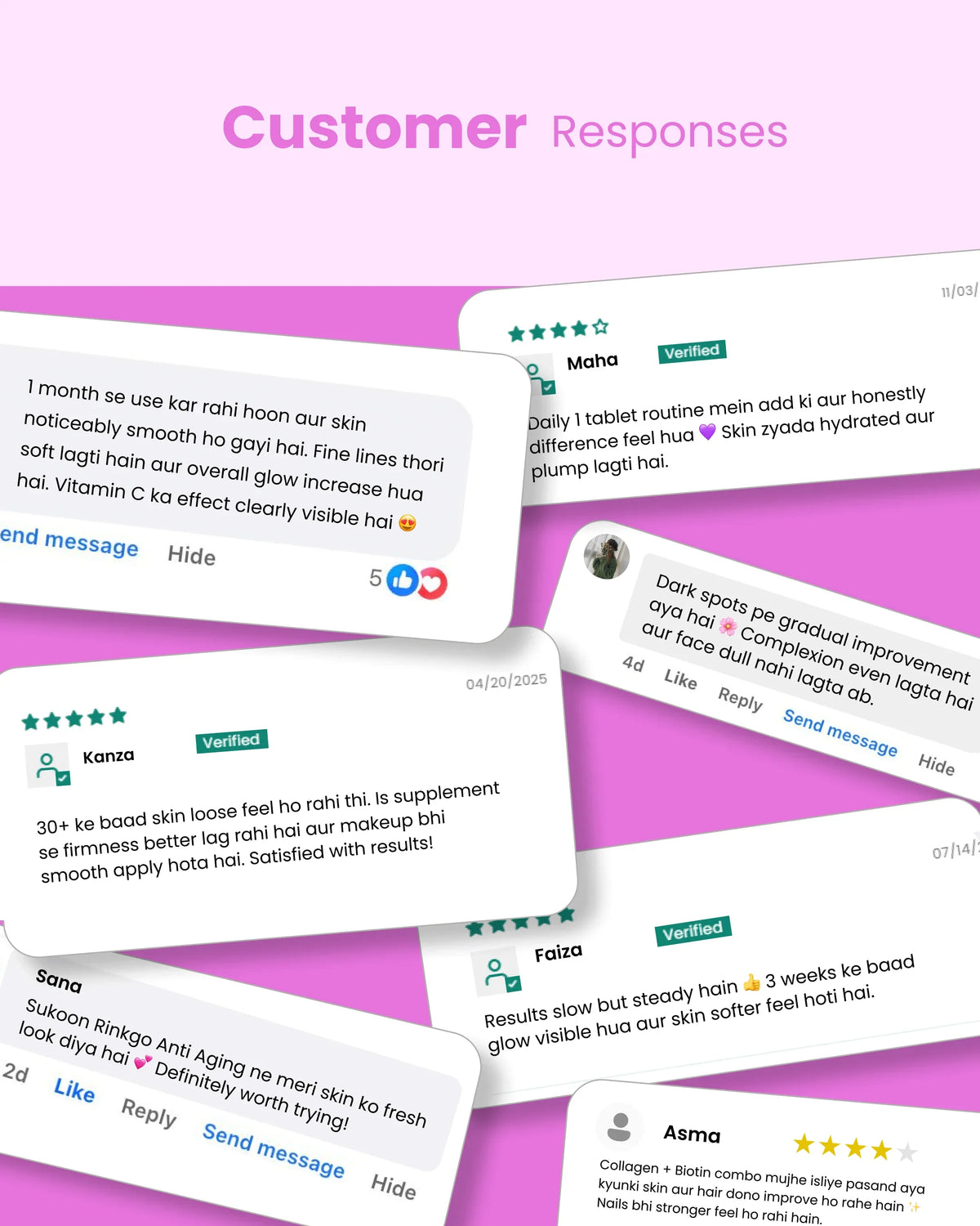 Customer reviews for natural skincare & wellness supplements showing glowing skin and hair results