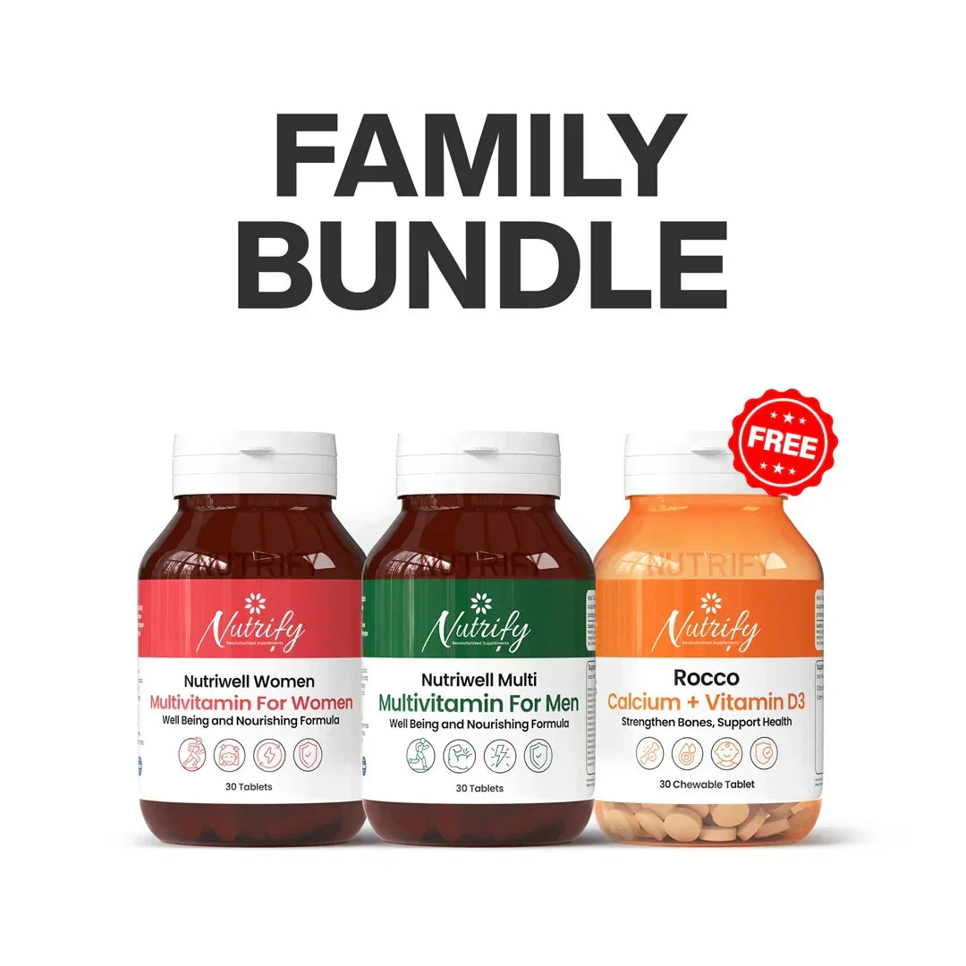 Family bundle of multivitamins for women, men, and calcium D3 chewables — natural wellness supplements