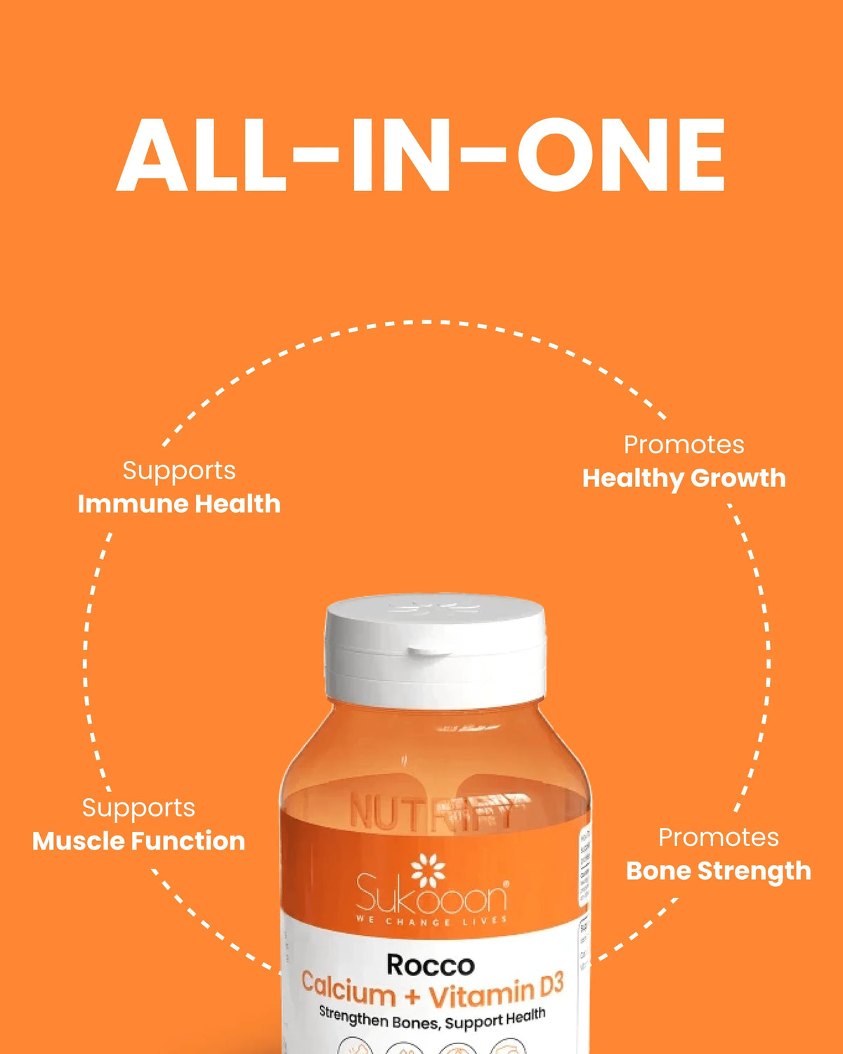 Rocco Calcium + Vitamin D3 supplement bottle promoting bone strength, immune health, and muscle function on orange background