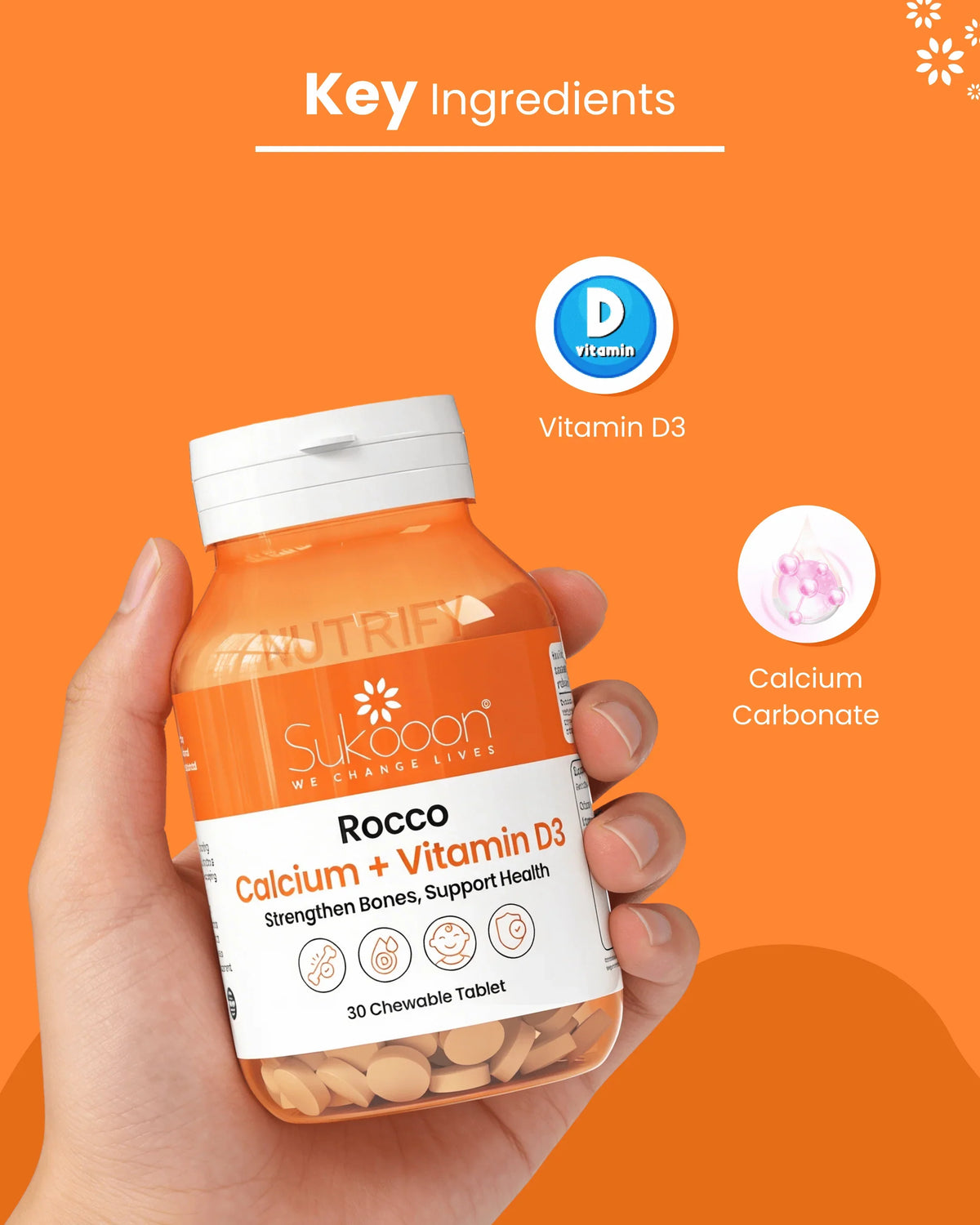 Rocco Calcium + Vitamin D3 chewable tablets for bone health, featuring key ingredients Vitamin D3 and Calcium Carbonate