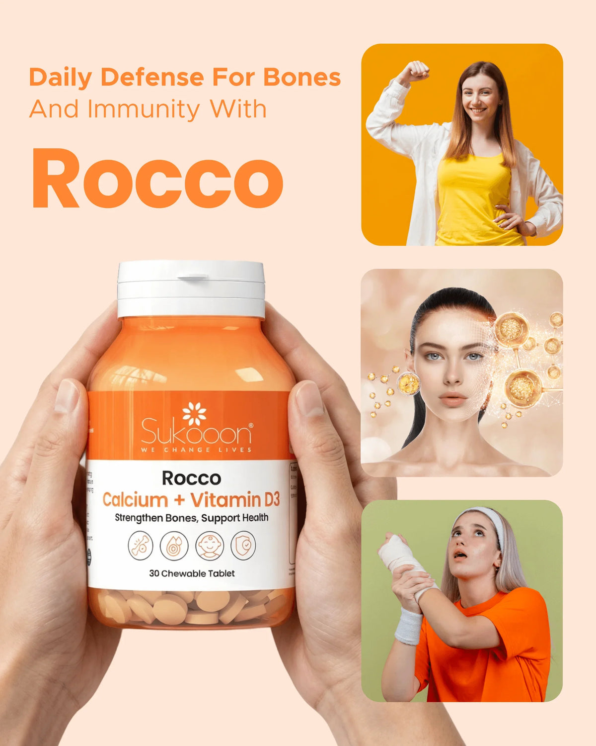 Rocco Calcium + Vitamin D3 chewable tablets for bone strength and immune support, held in hands with wellness imagery