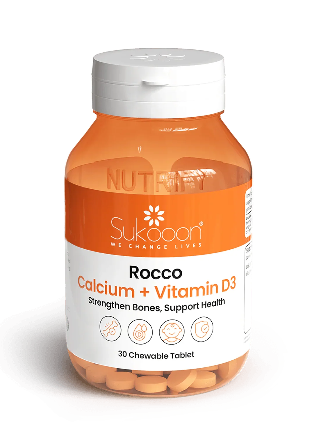 Rocco Calcium + Vitamin D3 chewable tablets for bone health, 30 count, natural wellness supplement