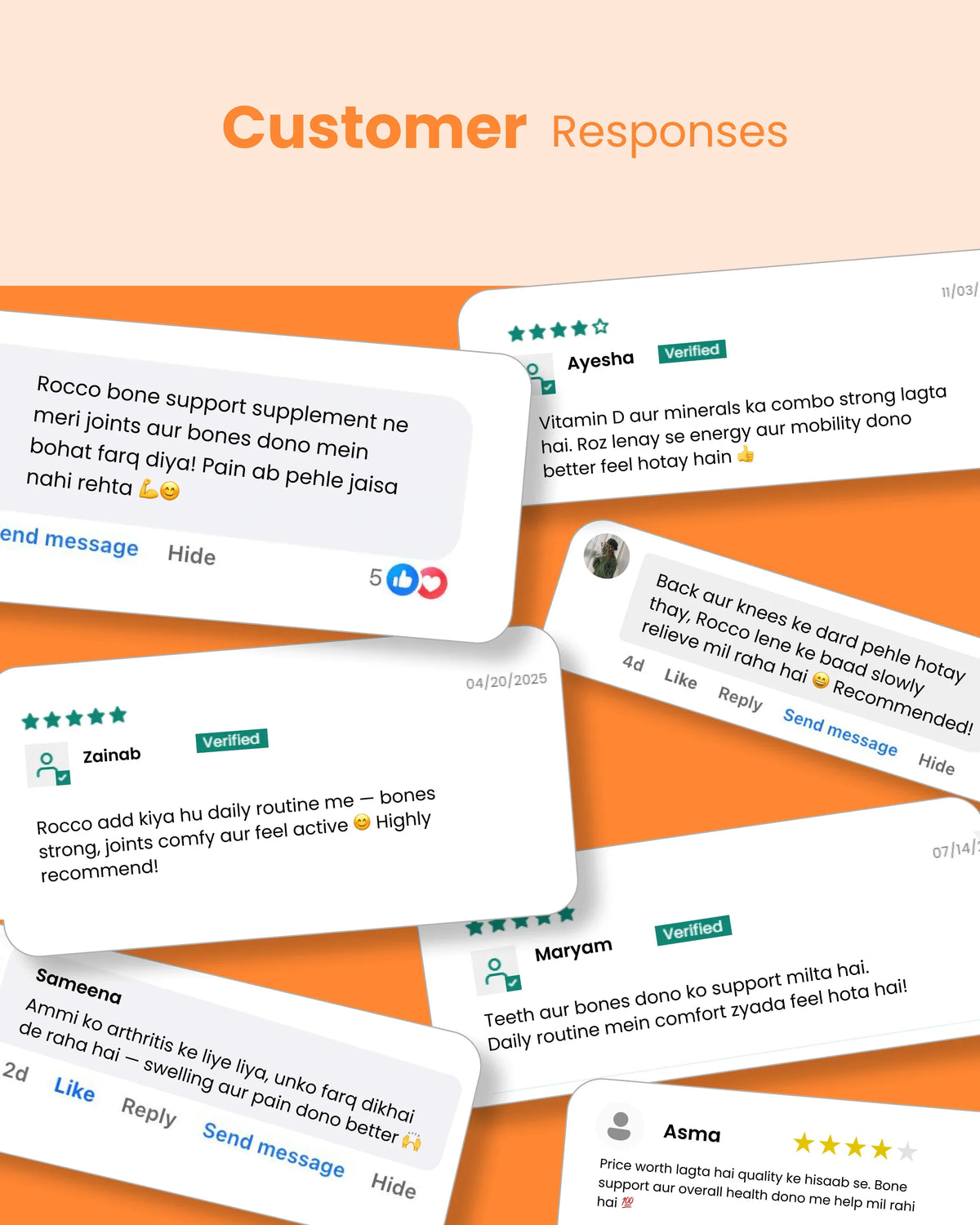 Customer reviews for Rocco bone support supplement, praising joint pain relief and mobility improvement