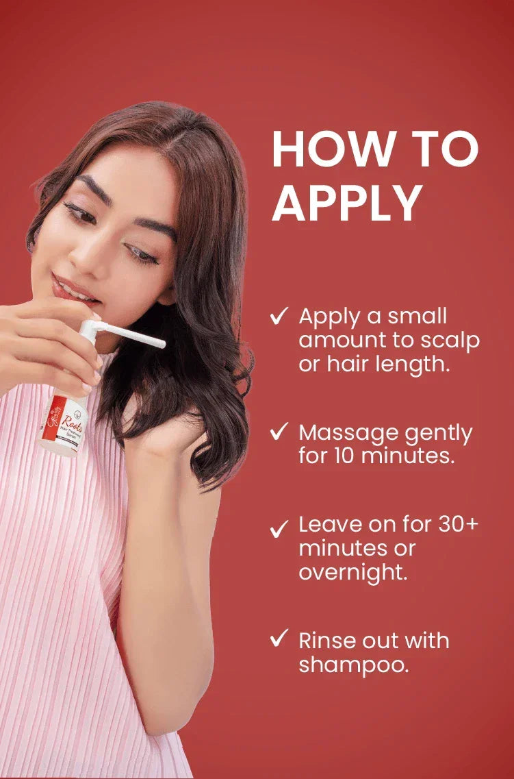 Woman applying natural hair serum to scalp, step-by-step usage guide for healthy hair care