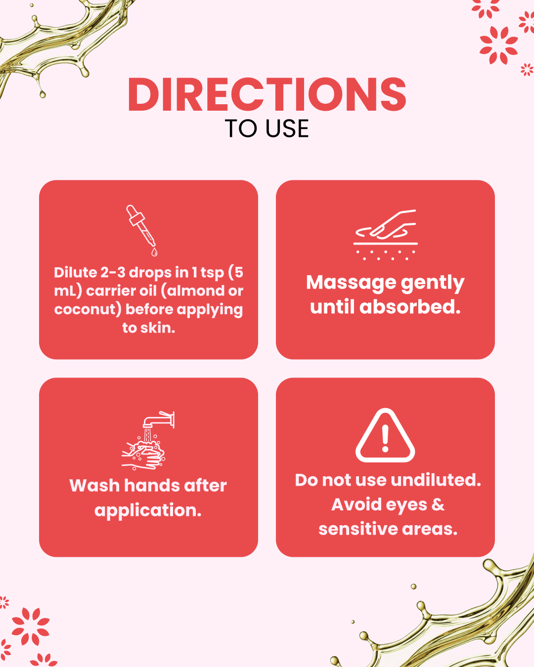 Essential oil usage guide: dilute with carrier oil, massage gently, wash hands, avoid eyes & sensitive areas