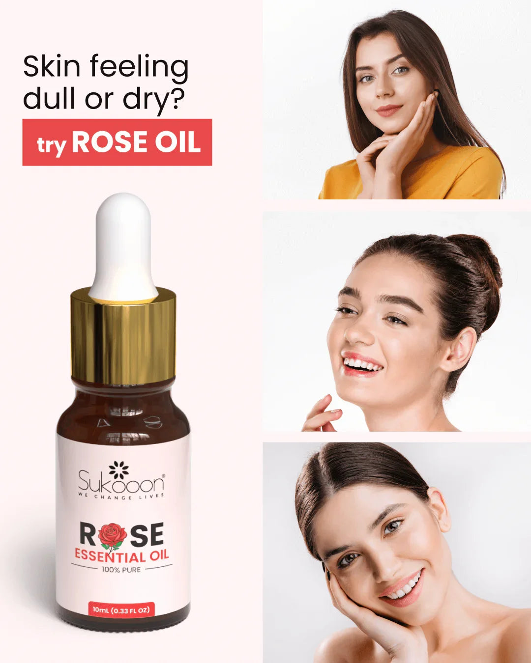 100% pure rose essential oil for dry skin, natural beauty & wellness, 10ml bottle with dropper