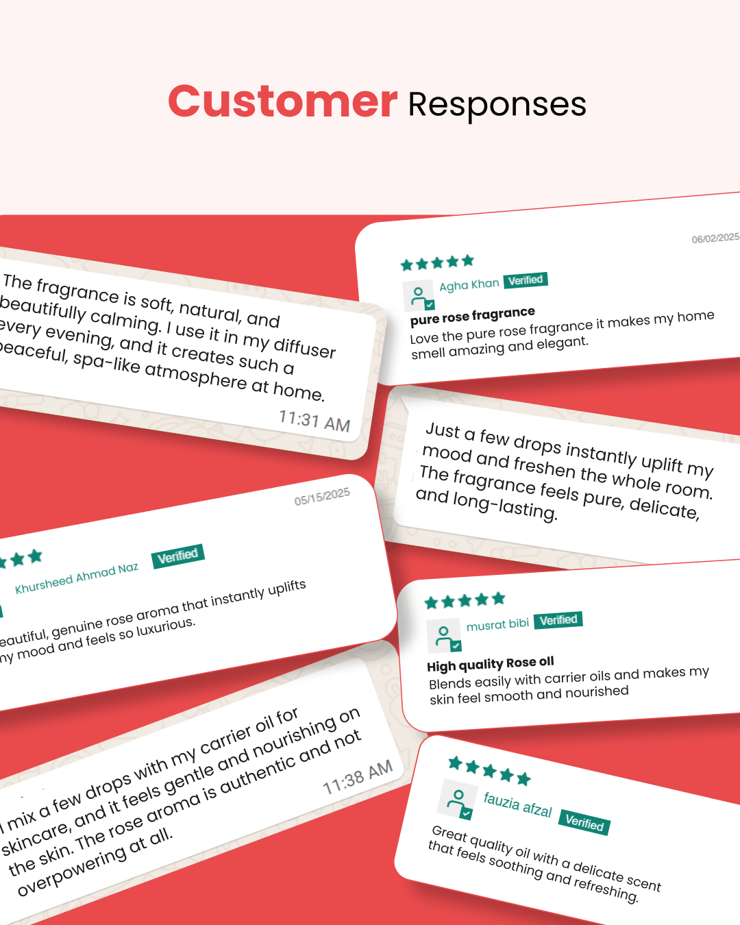 Customer reviews praising pure rose fragrance oil for calming aroma, skincare use, and natural, long-lasting scent