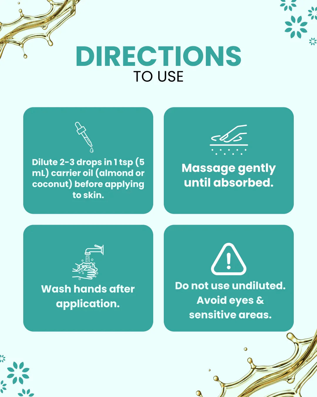 Essential oil usage guide: dilute, massage, wash hands, avoid sensitive areas