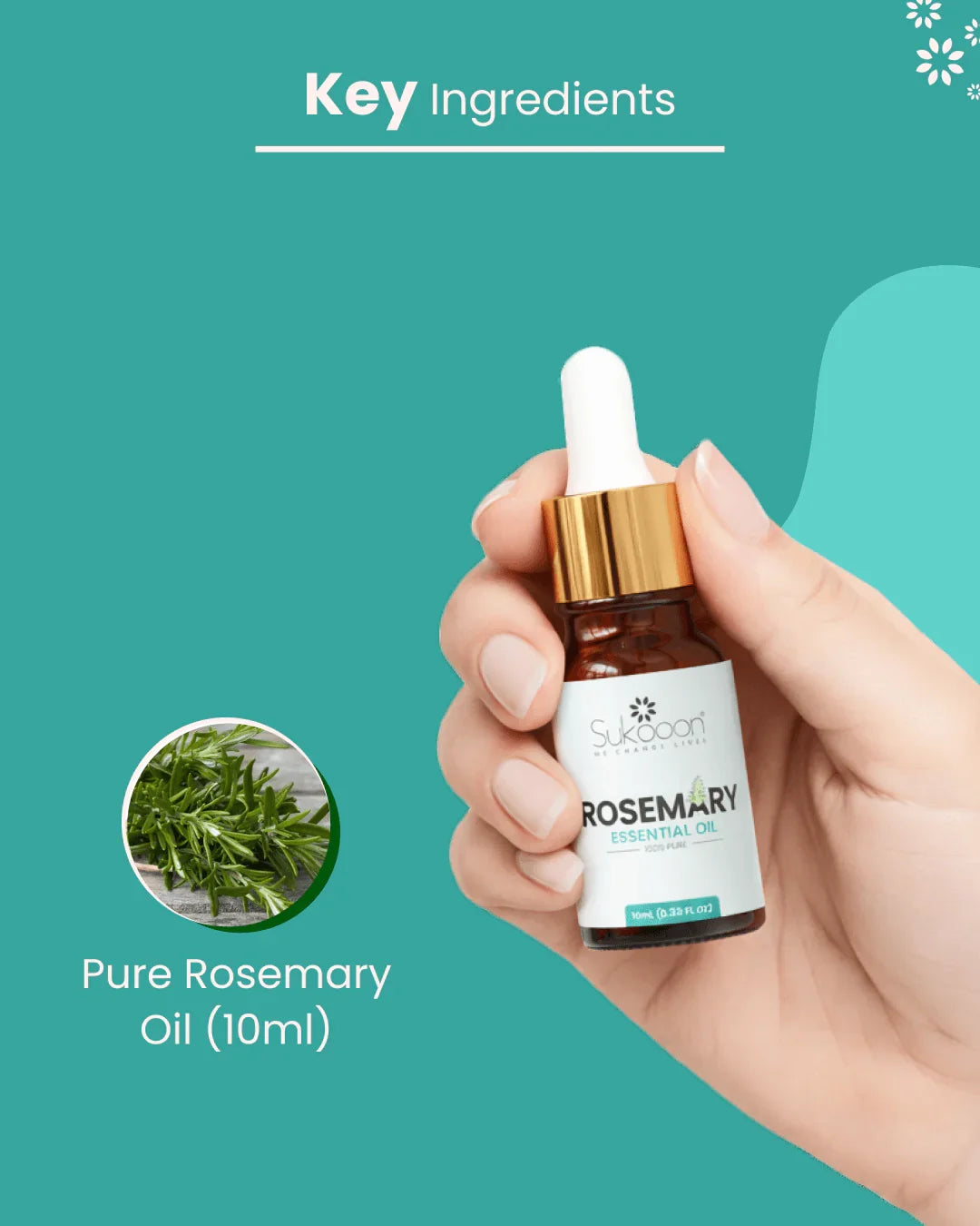 Hand holding 10ml bottle of pure rosemary essential oil with dropper, key ingredient highlighted