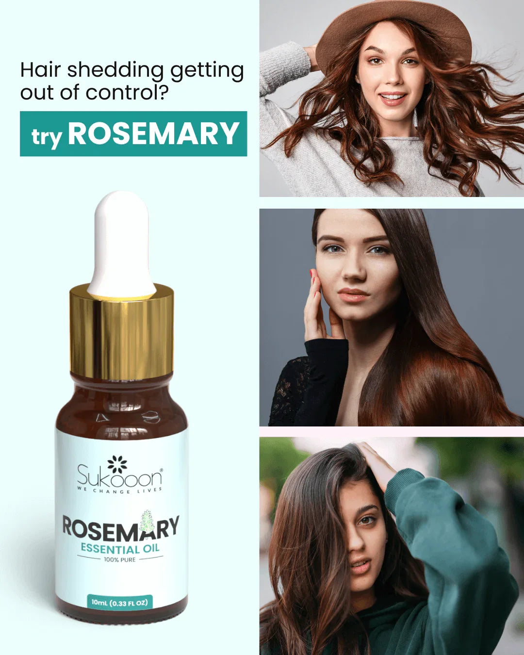 Rosemary essential oil for hair growth, 100% pure, with women showcasing healthy, voluminous hair