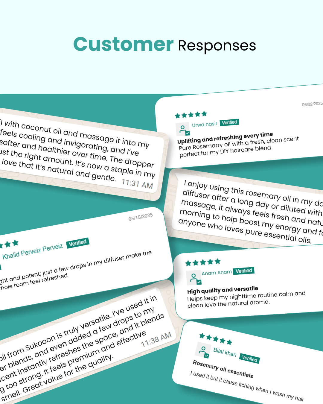 Customer reviews for natural rosemary essential oil, highlighting uses in diffusers, haircare, and wellness routines.