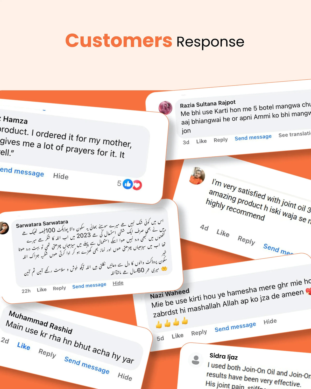 Customer reviews for natural wellness products including joint oil, with positive feedback in English and Urdu