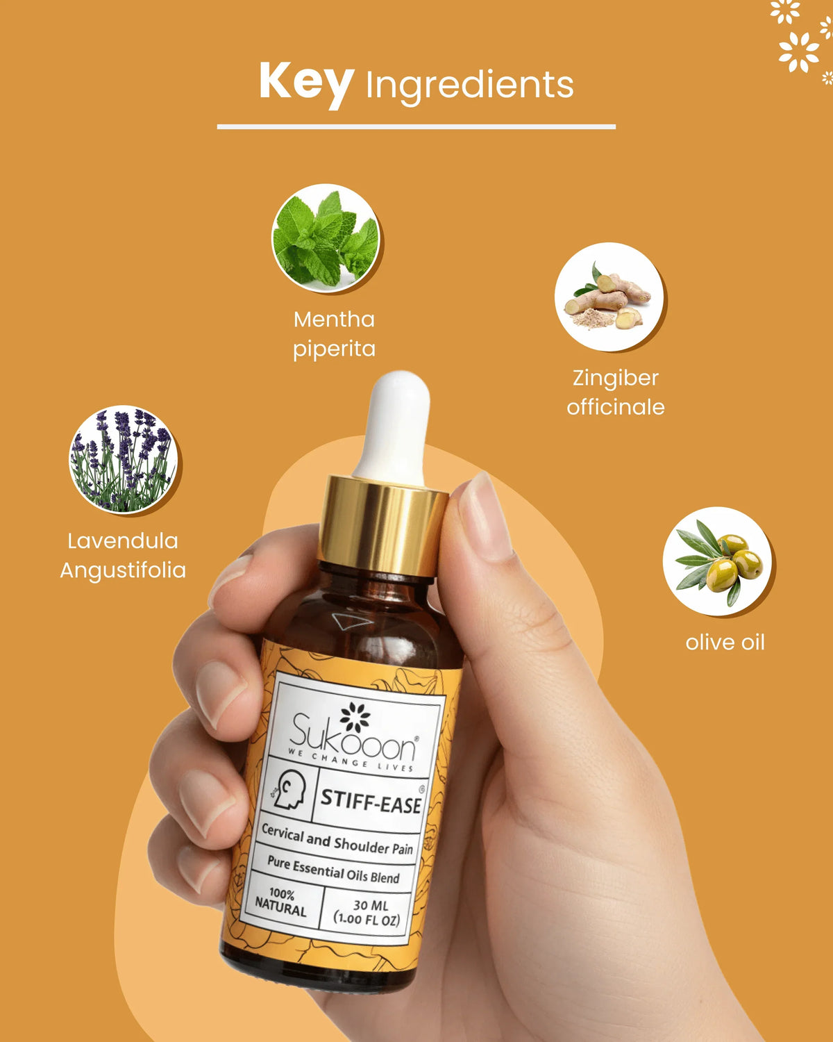 Sukooon Stiff-Ease essential oil blend for cervical & shoulder pain relief, featuring natural ingredients like peppermint, lavender, ginger, and olive oil.