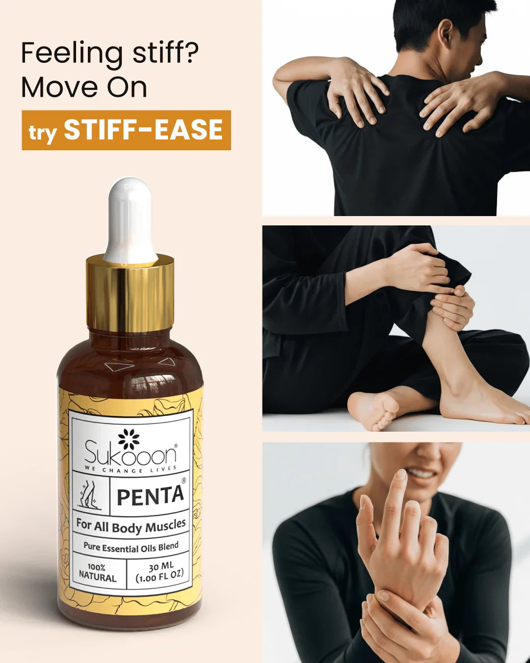 Sukooon PENTA essential oil blend for stiff muscles, natural relief for shoulders, knees, and hands
