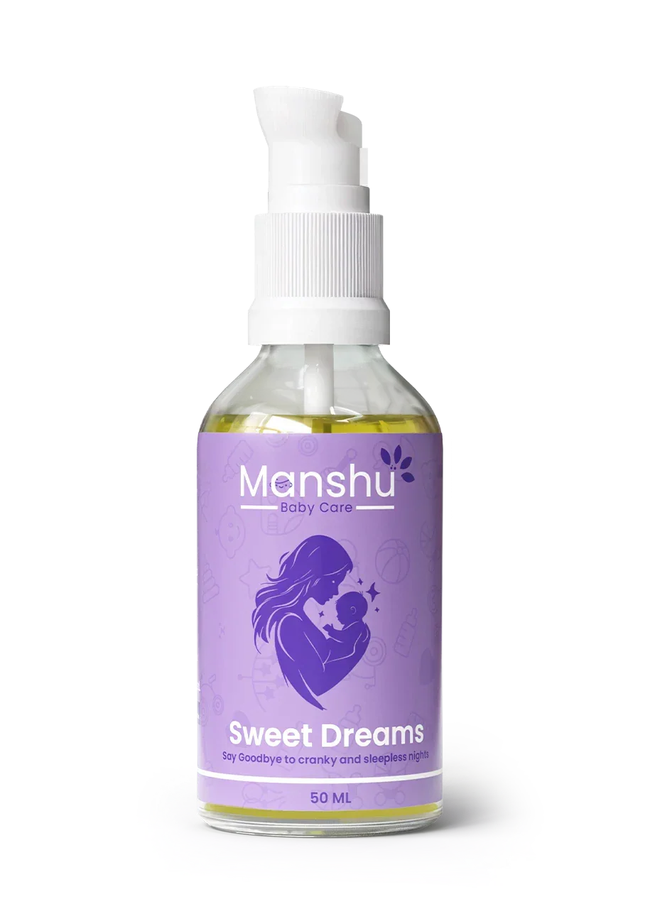 Manshu Baby Care Sweet Dreams herbal body oil bottle with purple label, pump cap, 50ml size.