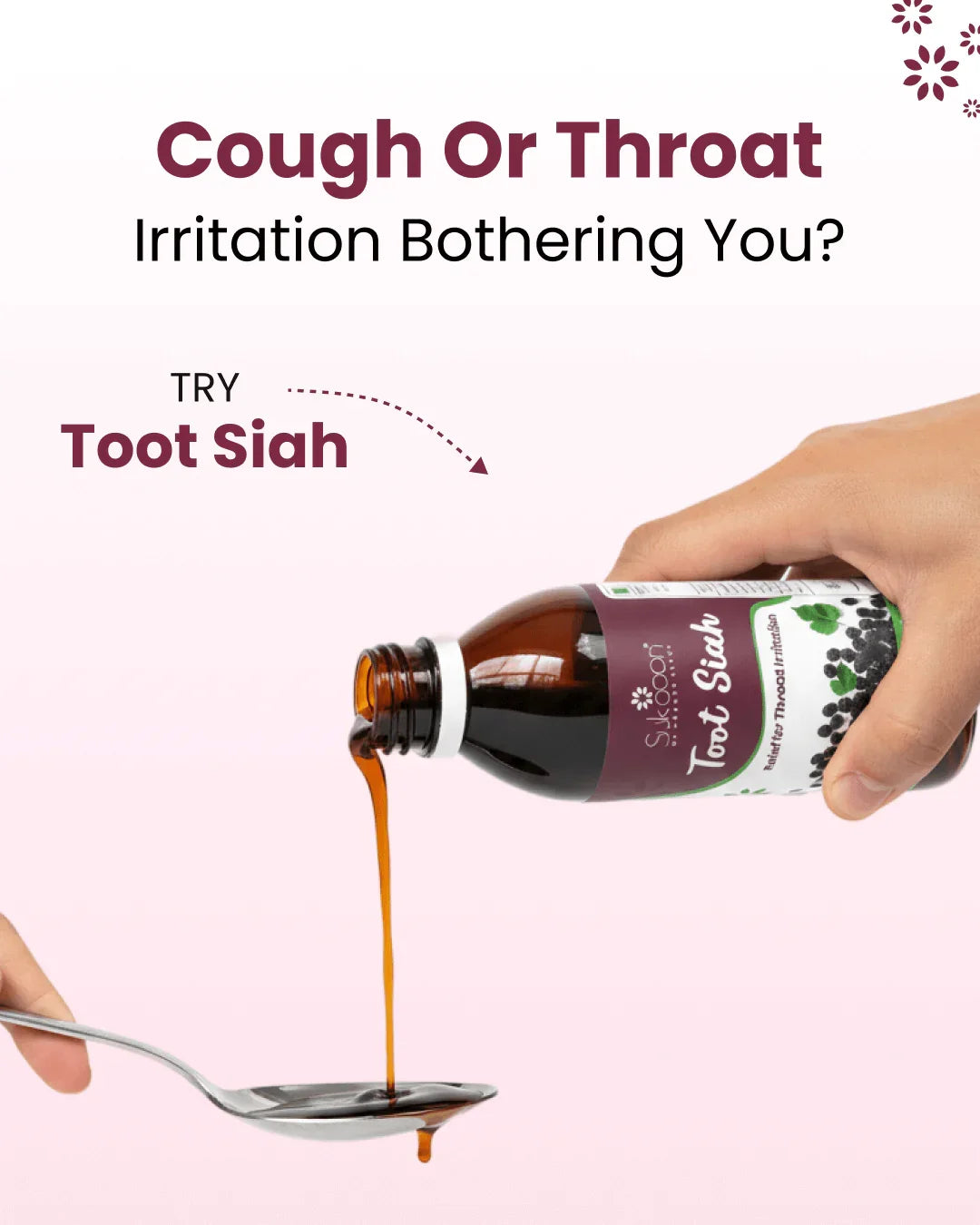Toot Siah syrup for cough & throat irritation relief, natural wellness remedy poured into spoon