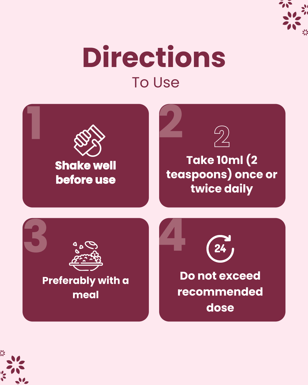 Usage directions for wellness supplement: shake well, take 10ml daily with meals, do not exceed dose