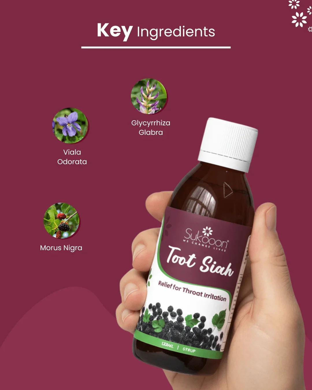Sukooon Toot Siah syrup for throat irritation relief with natural ingredients Viala Odorata, Glycyrrhiza Glabra, Morus Nigra