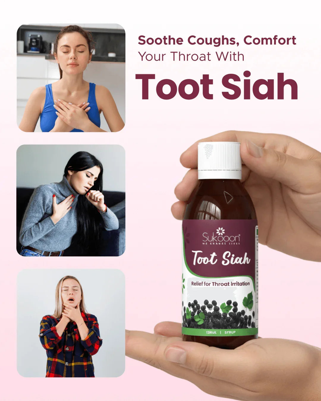 Toot Siah syrup for throat irritation relief, soothing coughs with natural ingredients, held in hand