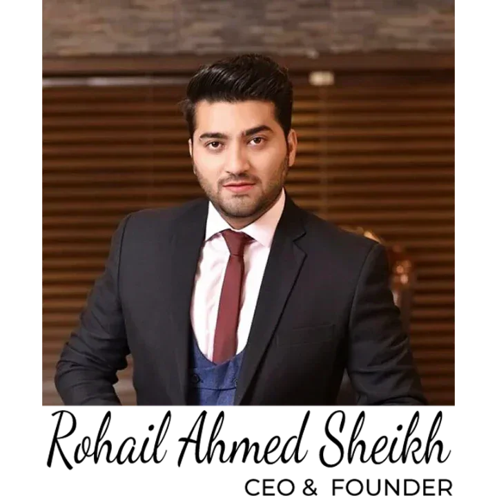 Rohail Ahmed Sheikh, CEO & Founder, in formal suit with maroon tie, professional portrait