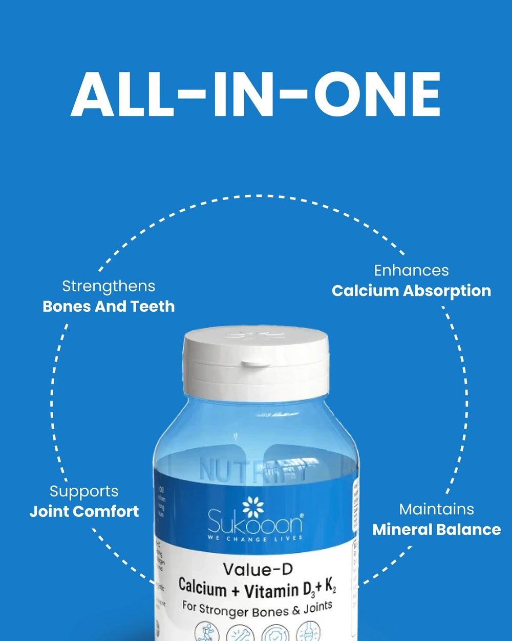 Sukooon Value-D Calcium + Vitamin D3 + K2 supplement for stronger bones, joints, and mineral balance
