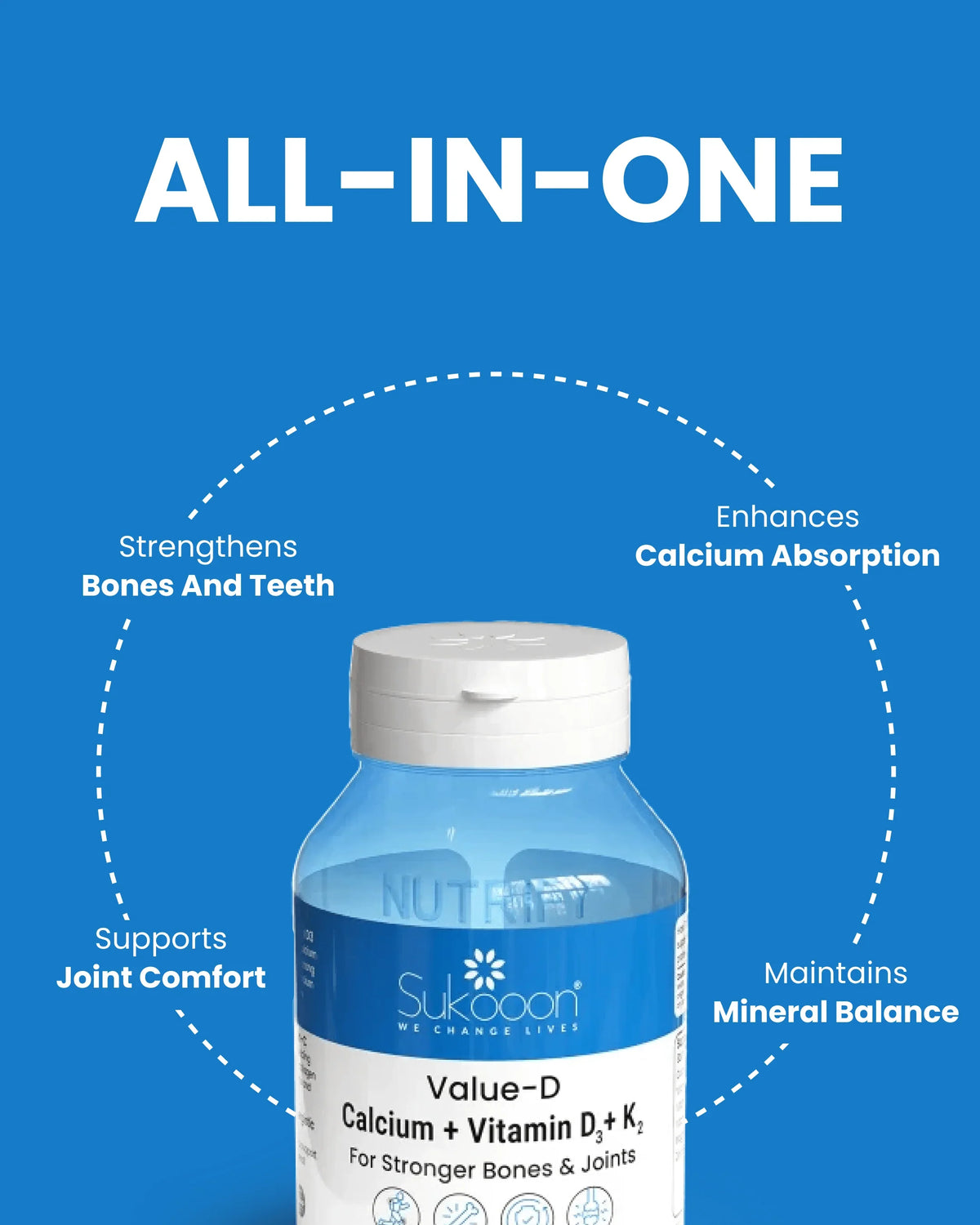 Sukooon Value-D Calcium + Vitamin D3 + K2 supplement for stronger bones, joints, and mineral balance