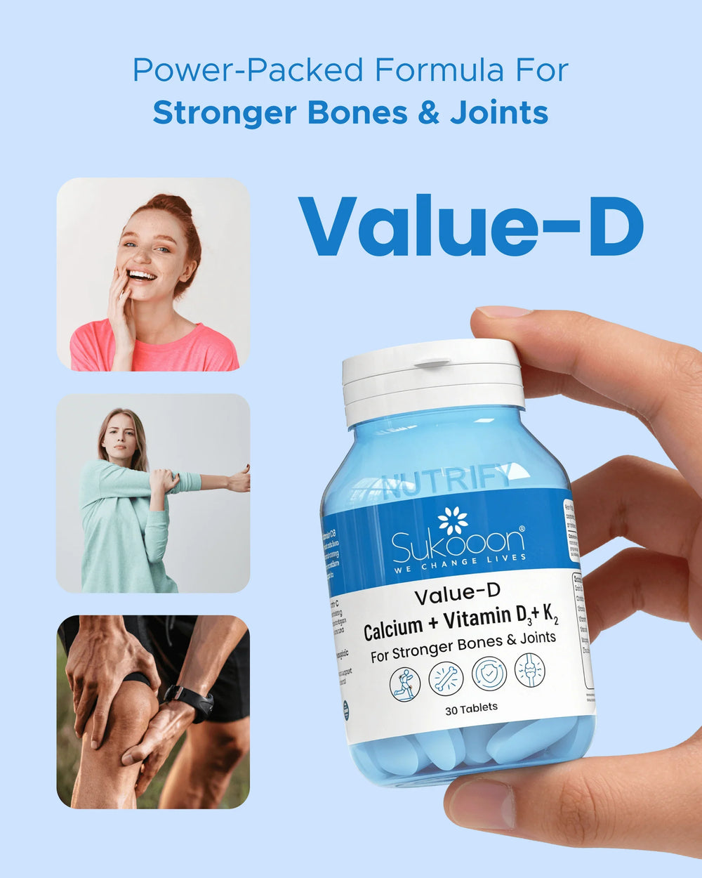 Value-D Calcium + Vitamin D3 + K2 supplement for stronger bones and joints, 30 tablets in blue bottle