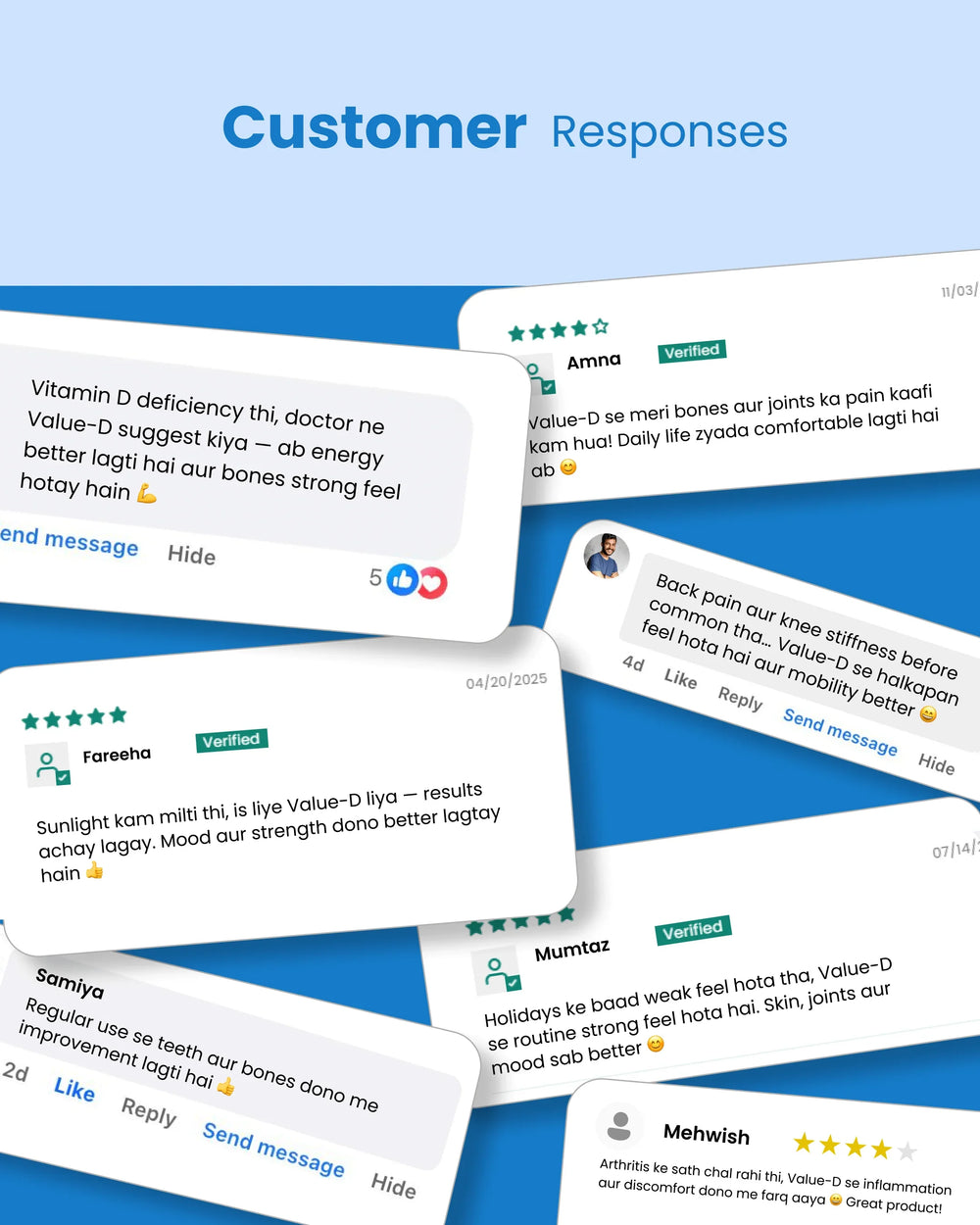 Customer reviews for Value-D supplement showing improved energy, bone strength, and joint comfort