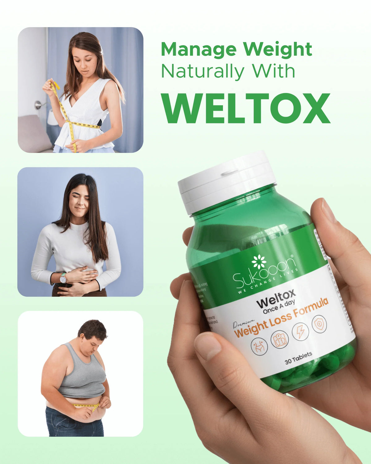 Weltox natural weight loss formula bottle with green capsules, shown with people measuring waist and managing weight