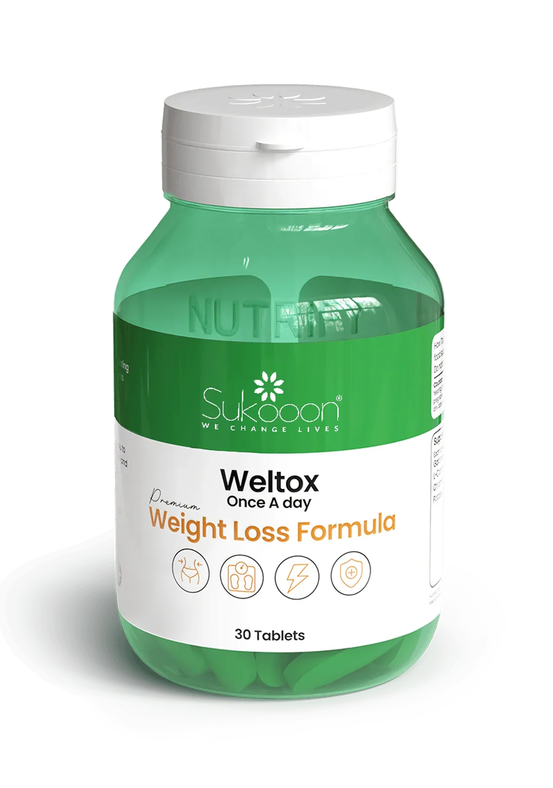 Sukooon Weltox weight loss formula, 30 tablets, once daily natural supplement in green bottle