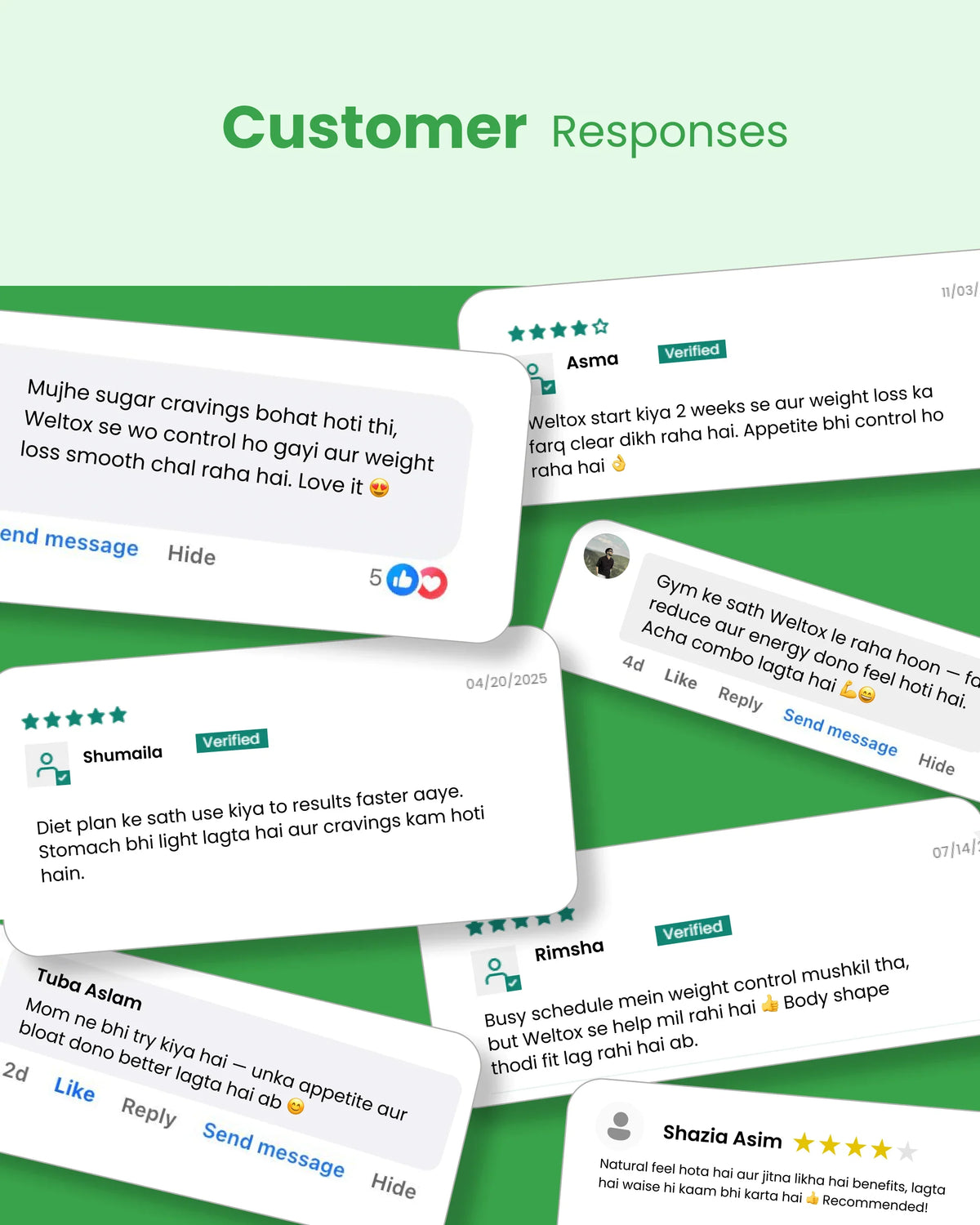 Customer reviews for WELTOX natural weight management supplement with verified user feedback on cravings and energy