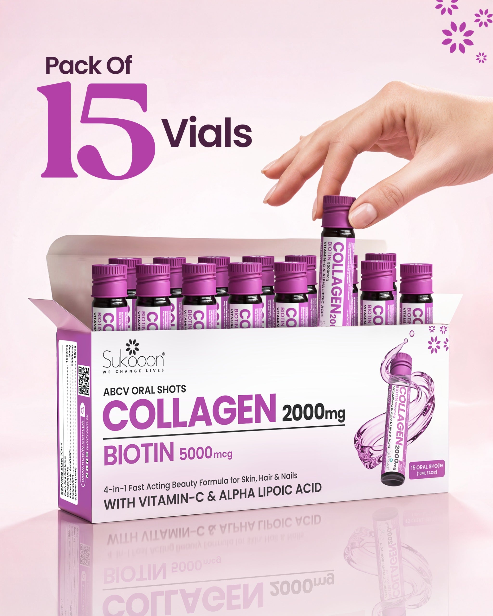 ABCV Liquid Collagen Shot 2000mg, Biotin 5000mcg (Pack of 15 Vials)