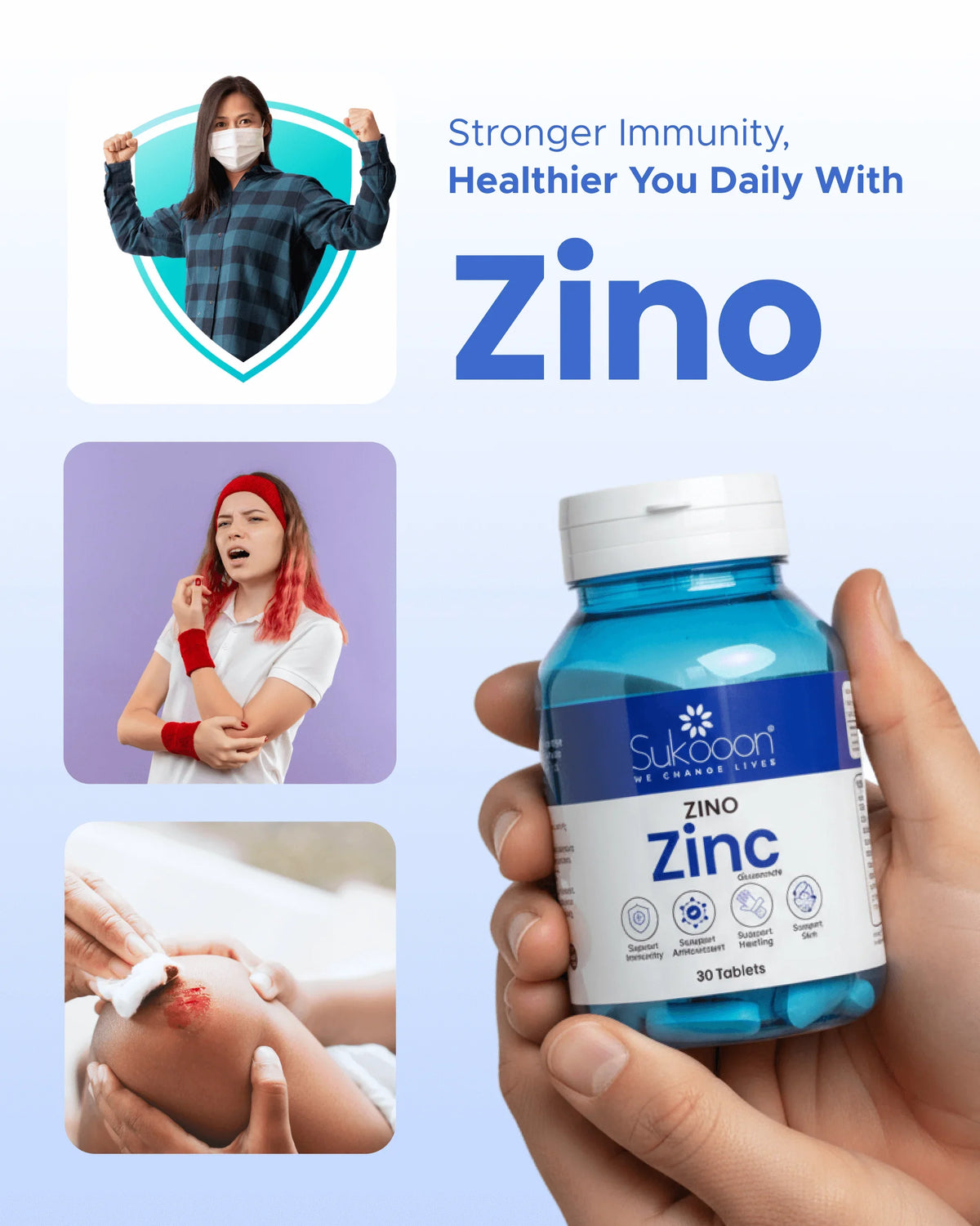 Zino Zinc supplement bottle for stronger immunity, antioxidant support, and healing — 30 tablets