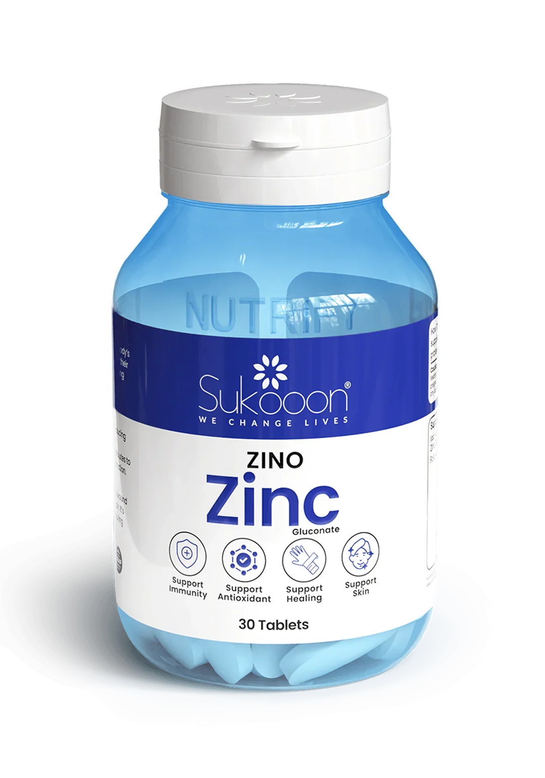 Zino Zinc Gluconate supplement bottle, 30 tablets for immunity, antioxidant, healing & skin support