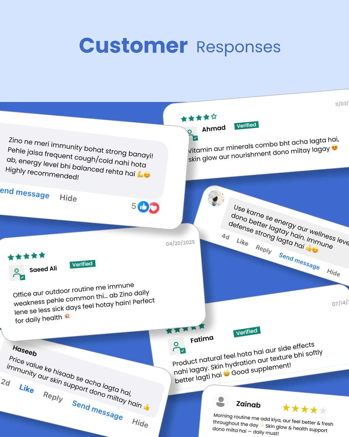 Customer reviews for natural wellness supplements highlighting immunity, energy & skin glow benefits