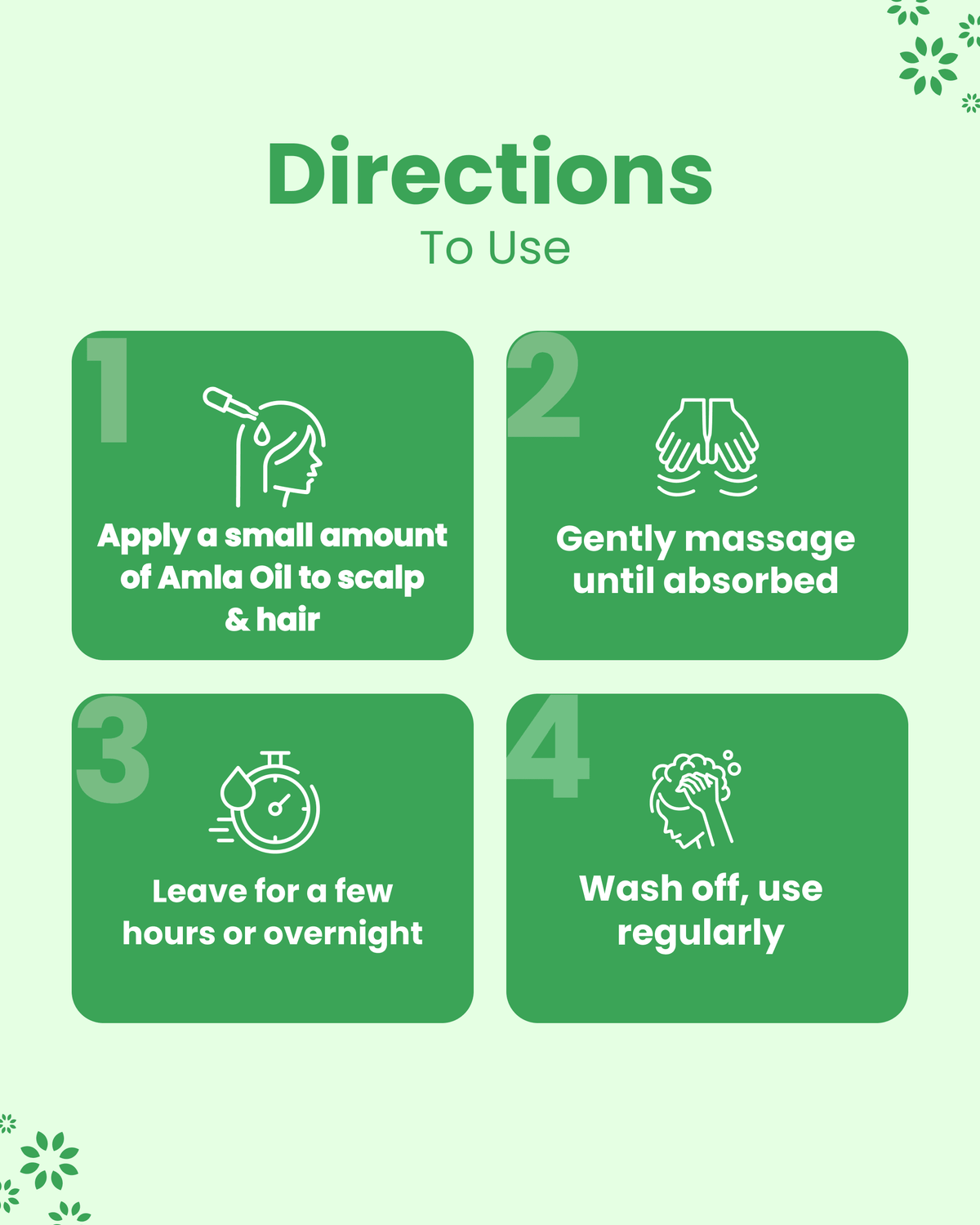 Amla Oil usage guide: apply to scalp & hair, massage, leave overnight, wash off — natural hair care steps