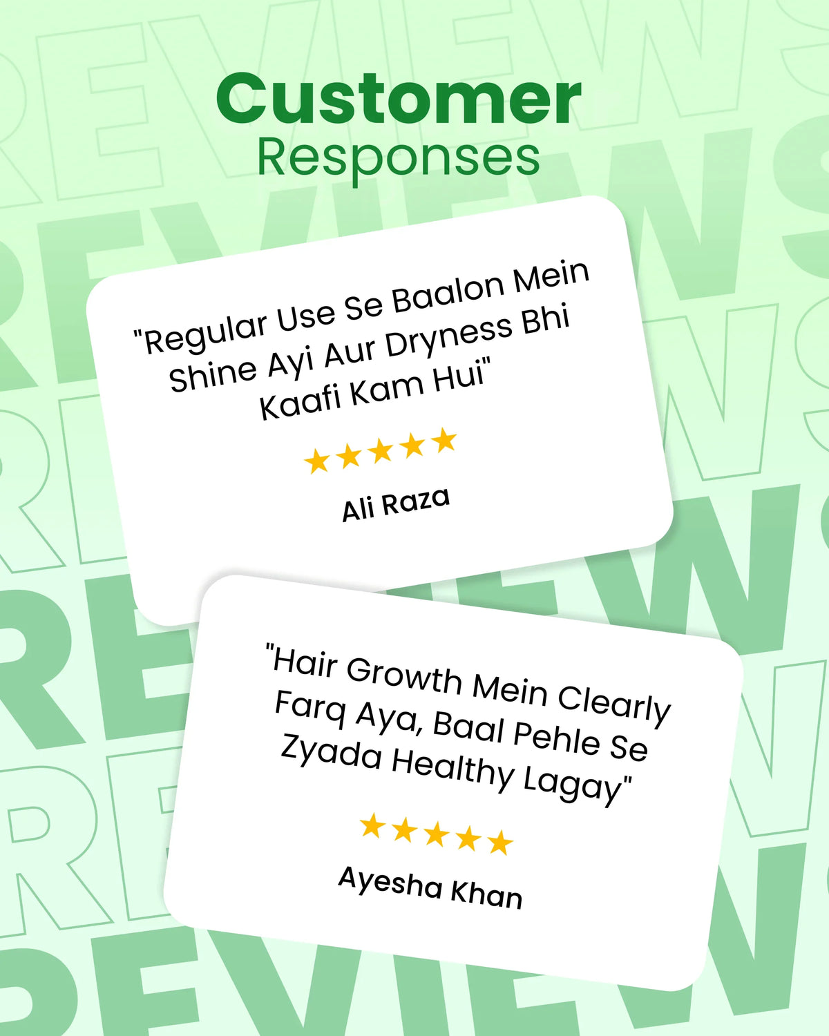Customer reviews for hair care product showing improved shine, reduced dryness, and healthier hair growth with 5-star ratings
