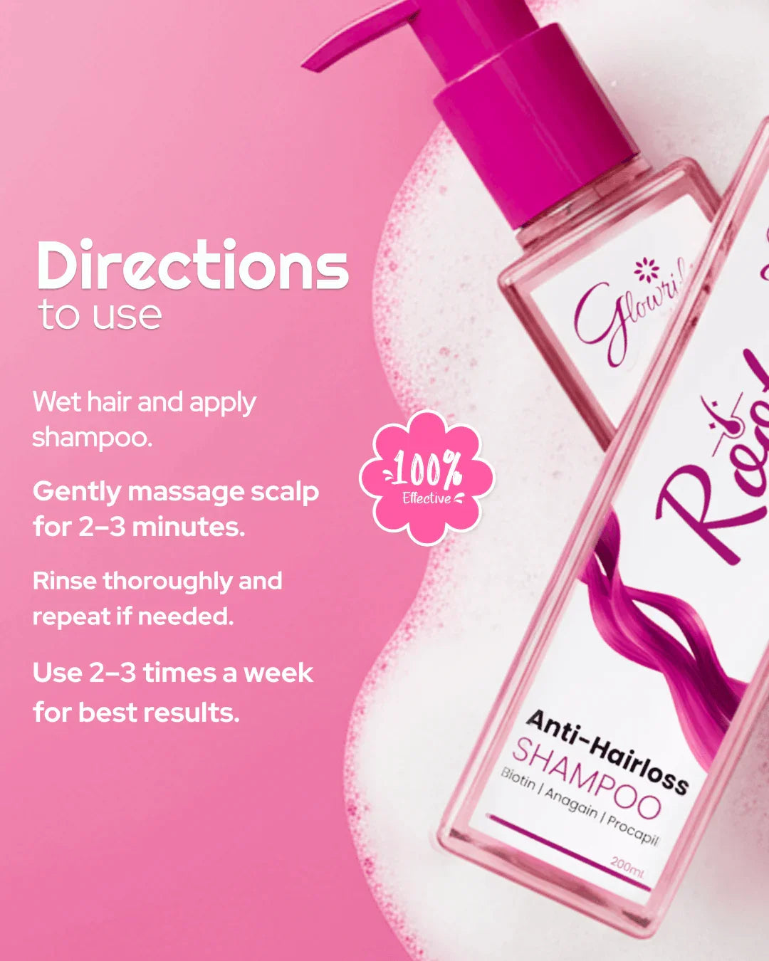Anti-hairloss shampoo with biotin & anagain, 200ml bottle with usage directions on pink background