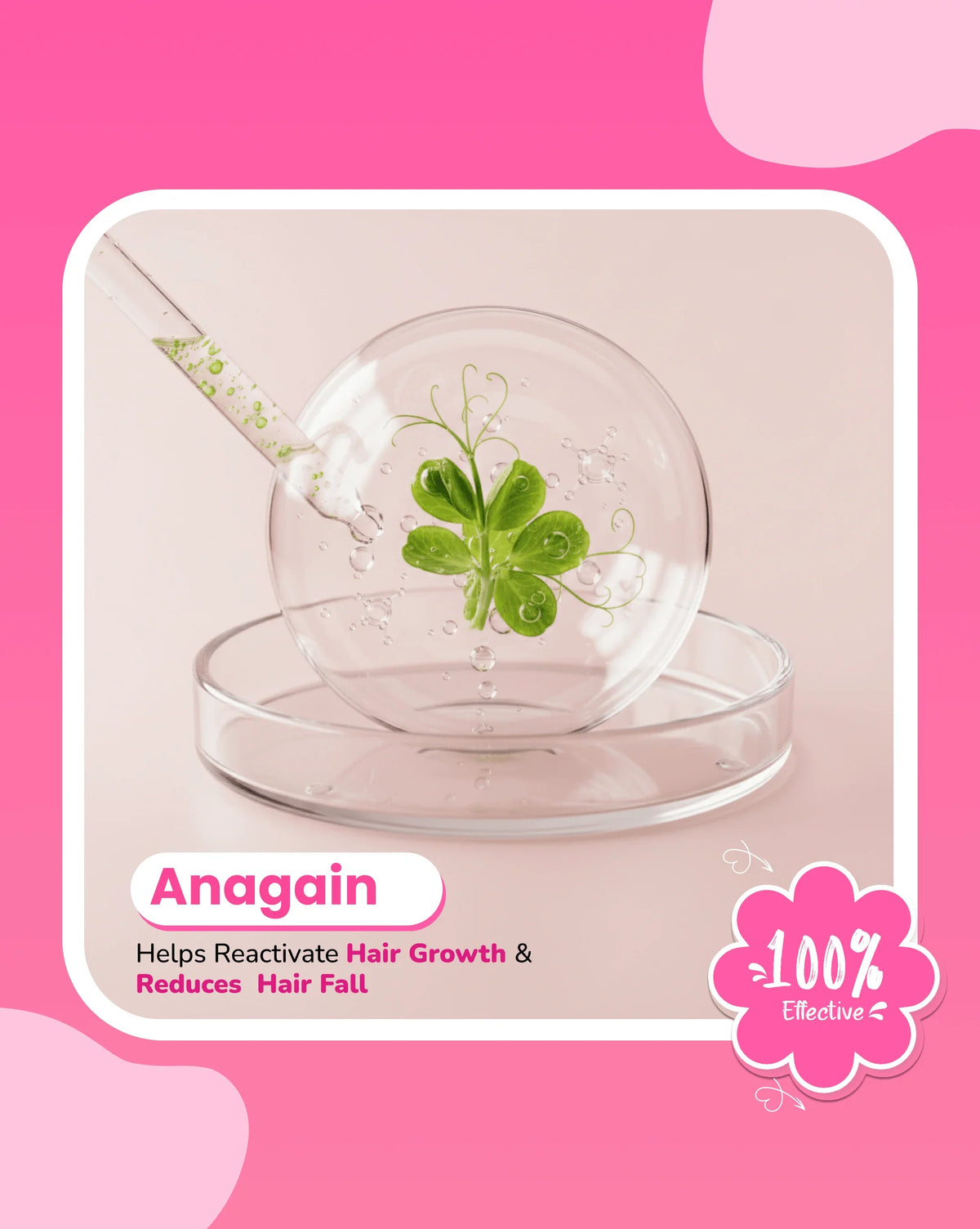 Anagain hair growth serum with natural plant extract in lab glassware, promotes hair regrowth and reduces hair fall
