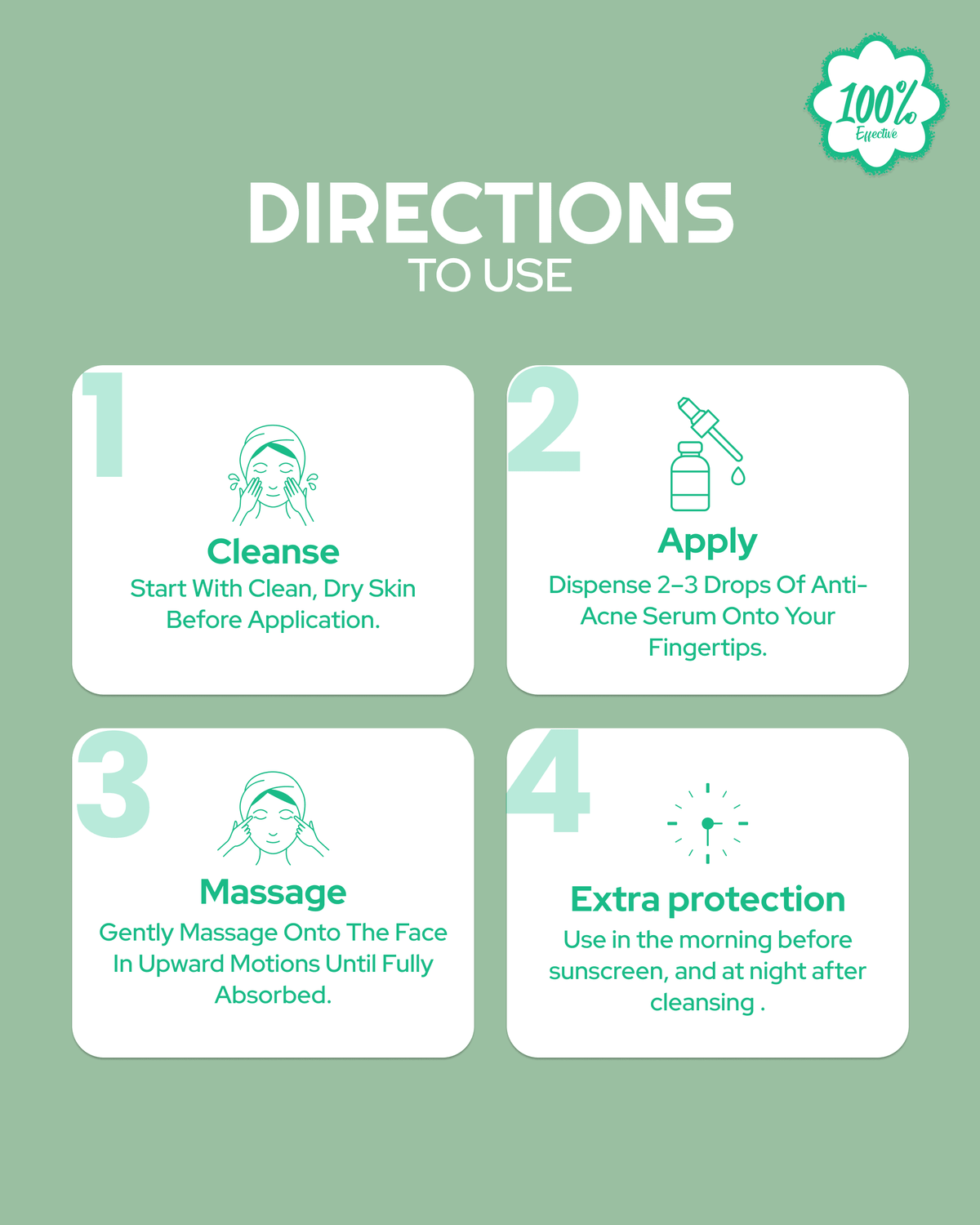 Anti-acne serum usage guide: cleanse, apply 2-3 drops, massage face, use morning & night for clear skin