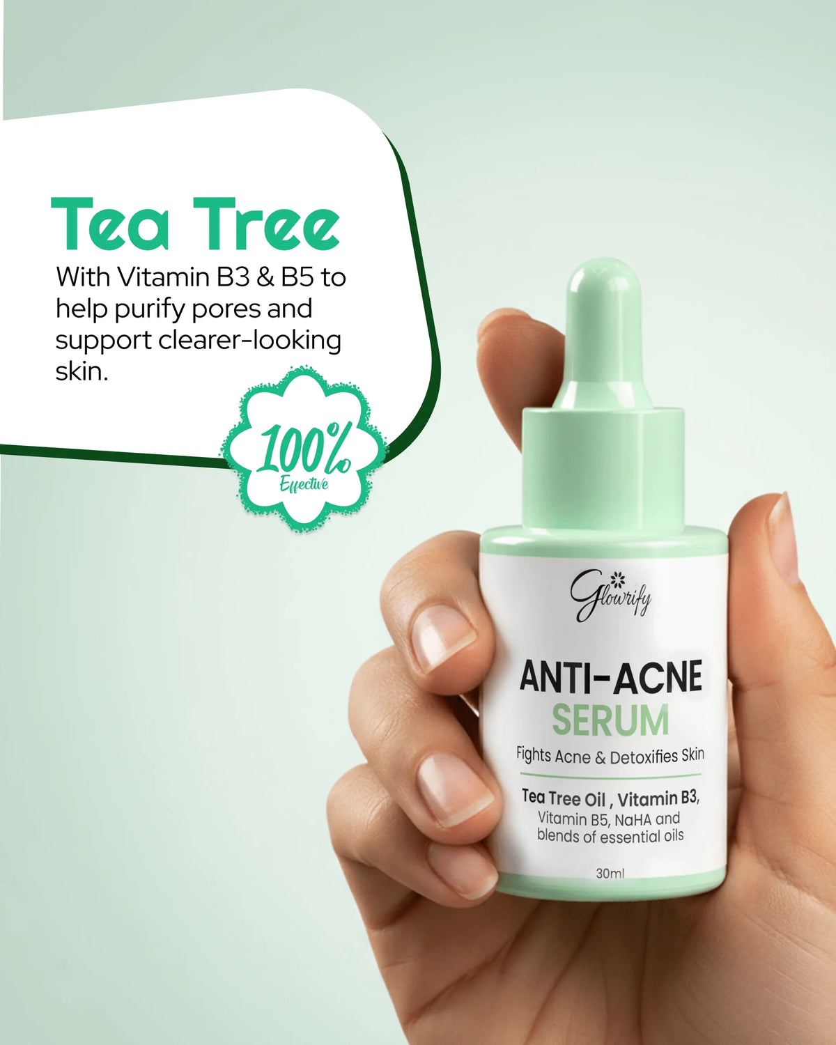 Hand holding anti-acne serum with tea tree oil, vitamin B3 & B5 for clearer skin