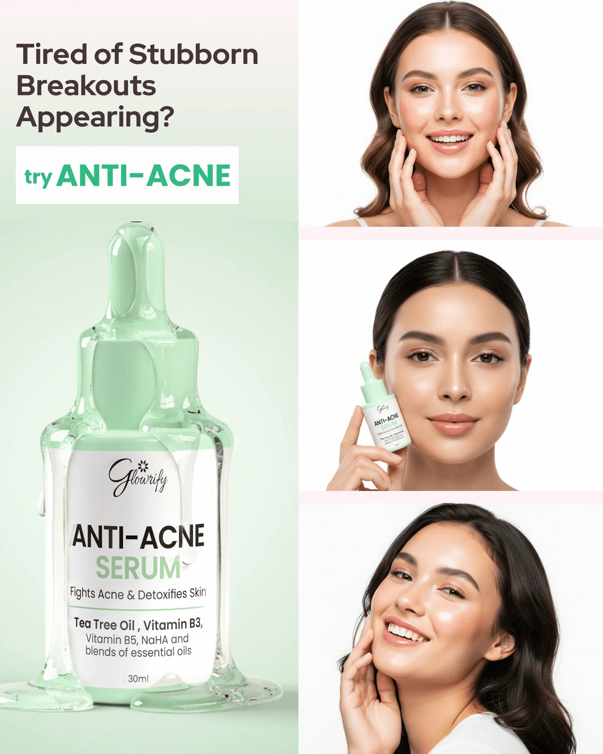 Anti-acne serum with tea tree oil & vitamins for clear, detoxified skin — natural skincare solution