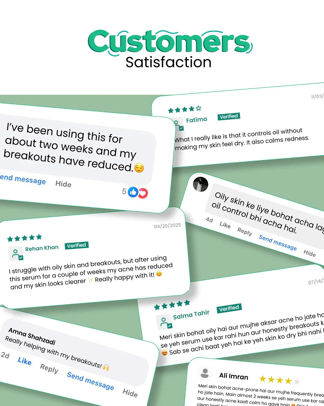 Customer reviews praising natural skincare serum for reducing breakouts and controlling oily skin