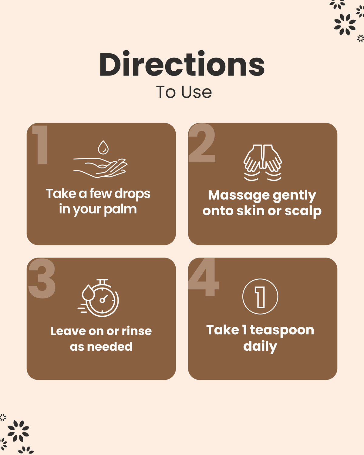 How to use natural wellness oil: apply drops, massage skin or scalp, leave or rinse, take 1 tsp daily