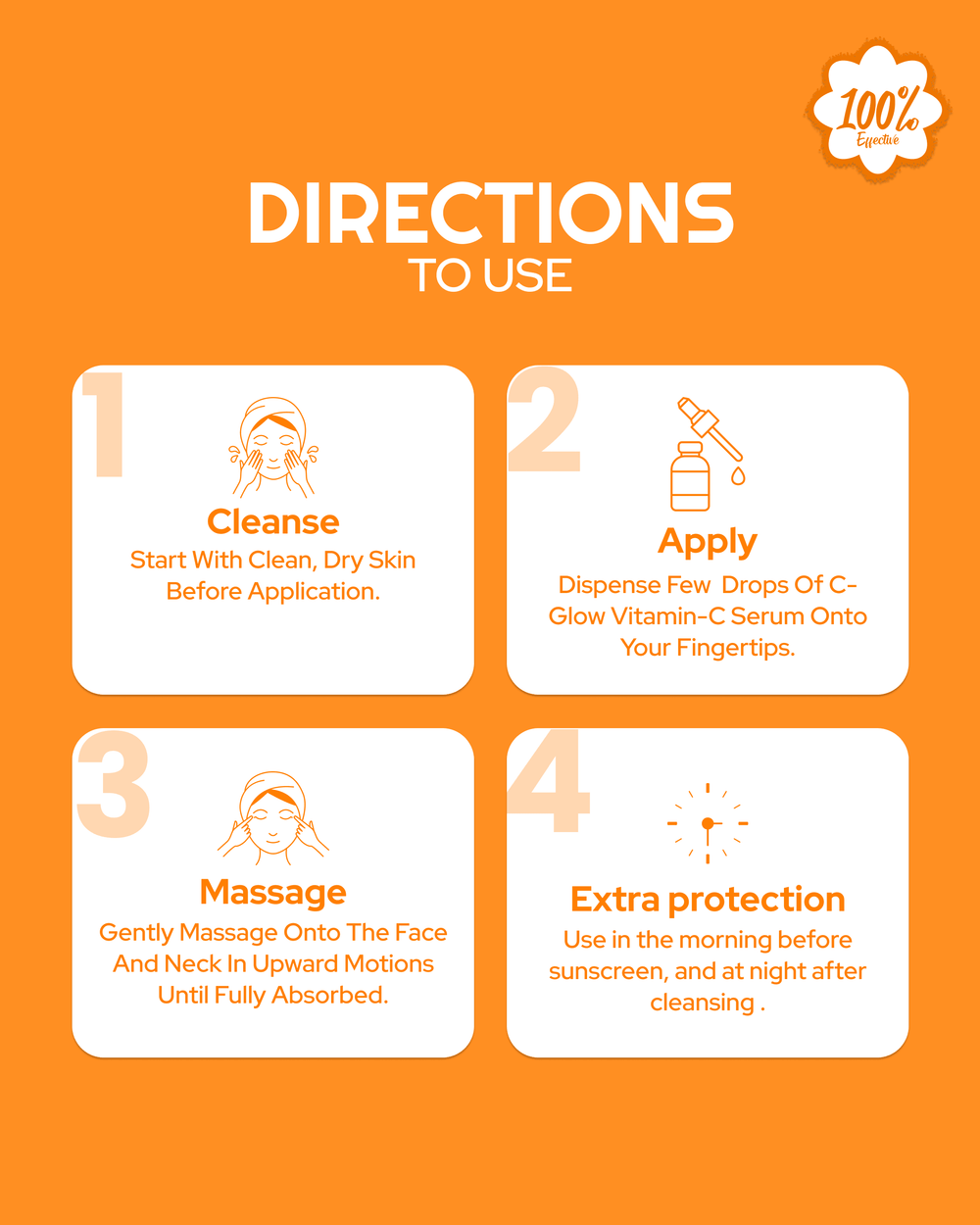 Step-by-step guide to using C-Glow Vitamin-C serum: cleanse, apply, massage, and protect for radiant skin.