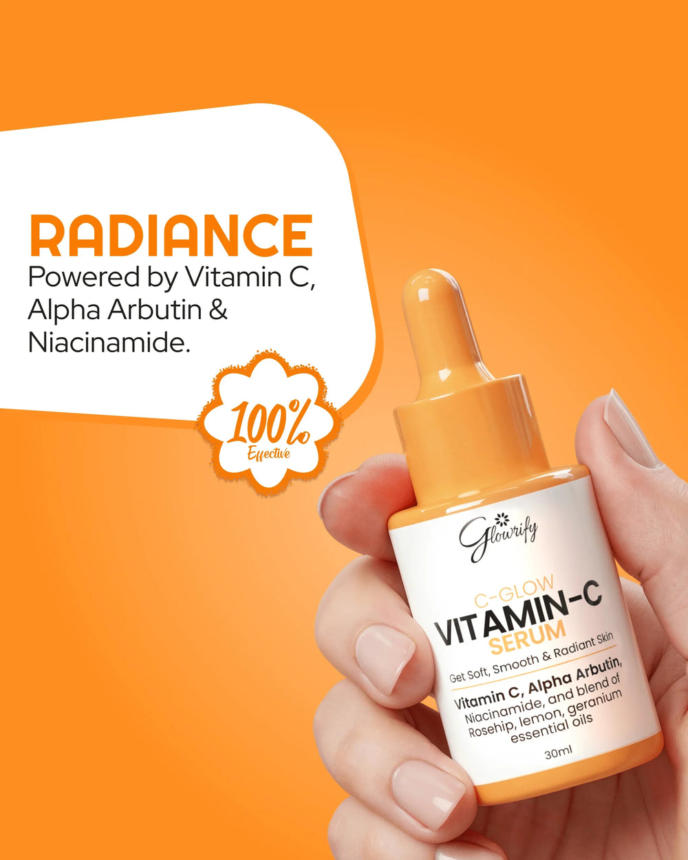 Vitamin C serum with dropper, featuring Vitamin C, Alpha Arbutin & Niacinamide for radiant skin